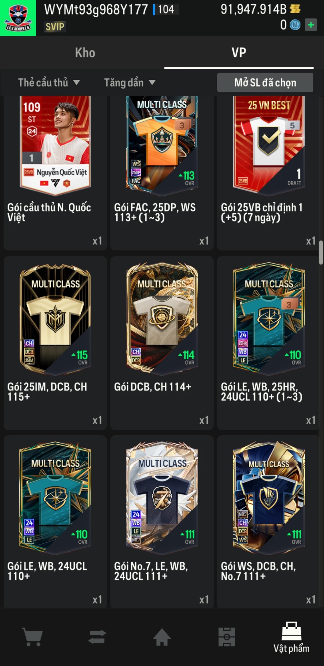 Ảnh ACC mở thẻ (LOẠI SUPER VIP) bao gồm có hơn 900+ đến 1100+ thẻ cầu thủ từ Siêu sao đến Miền núi các loại (ngẫu nhiên có: 01 thẻ +12 và 03 thẻ PRIME QH, XS, CP...) Acc có sẵn BP trắng từ 80.000 tỷ BP đến 120.000 tỷ BP kèm theo nhiều ngày SVIP